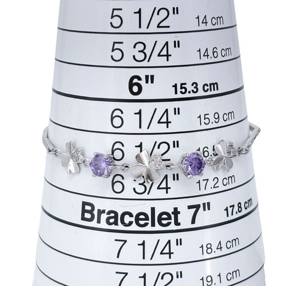 Vintage Sterling Silver 925 Purple Crystal Four Leaf Clover Bracelet 6.25-6.75" - Picture 3 of 4